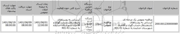 مناقصه، مناقصه عمومی یک مرحله ای آبرسانی به روستاهای باشقشلاق،خنداب،گوران و آقاجری شهرستان خدابنده به شماره 41-401