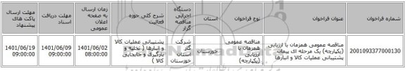 مناقصه، مناقصه عمومی همزمان با ارزیابی (یکپارچه) یک مرحله ای پیمان پشتیبانی عملیات کالا و انبارها