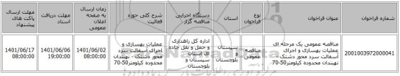 مناقصه، مناقصه عمومی یک مرحله ای عملیات بهسازی و اجرای آسفالت سرد محور دشتک - نهبندان محدوده کیلومتر50-70