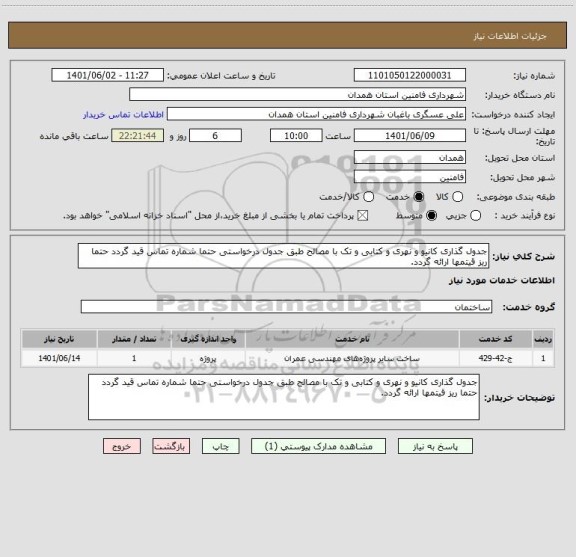 استعلام جدول گذاری کانیو و نهری و کتابی و تک با مصالح طبق جدول درخواستی حتما شماره تماس قید گردد حتما ریز قیتمها ارائه گردد.