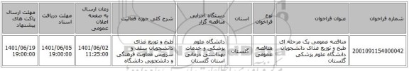 مناقصه، مناقصه عمومی یک مرحله ای طبخ و توزیع غذای دانشجویان دانشگاه علوم پزشکی گلستان