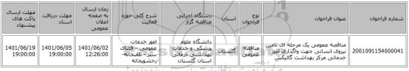 مناقصه، مناقصه عمومی یک مرحله ای تامین نیروی  انسانی جهت واگذاری امور خدماتی مرکز بهداشت گالیکش