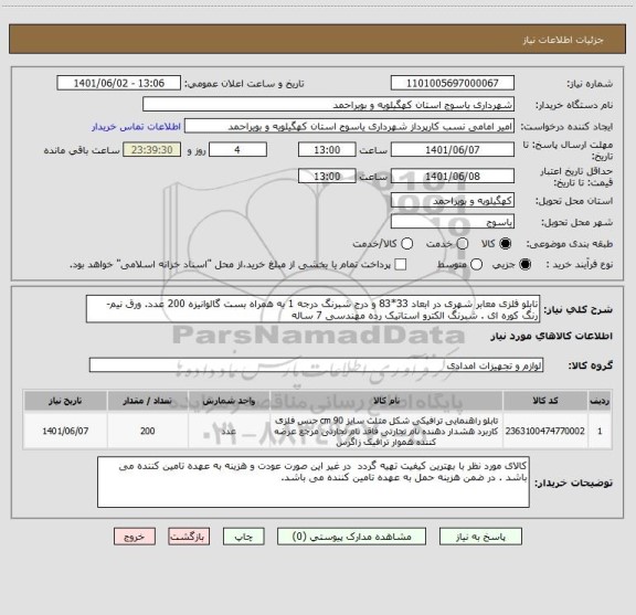 استعلام تابلو فلزی معابر شهری در ابعاد 33*83 و درج شبرنگ درجه 1 به همراه بست گالوانیزه 200 عدد. ورق نیم- رنگ کوره ای . شبرنگ الکترو استاتیک رده مهندسی 7 ساله