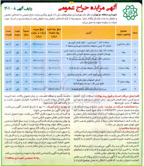 مزایده عمومی بهره برداری سالن غذاخوری... 