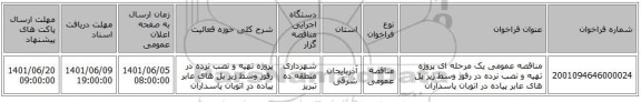 مناقصه، مناقصه عمومی یک مرحله ای پروژه تهیه و نصب نرده در رفوژ وسط زیر پل های عابر پیاده در اتوبان پاسداران