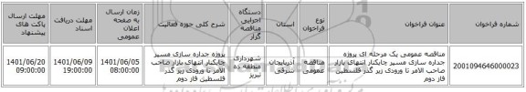 مناقصه، مناقصه عمومی یک مرحله ای پروژه جداره سازی مسیر چایکنار انتهای بازار صاحب الامر تا ورودی زیر گذر فلسطین فاز دوم