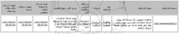 مناقصه، مناقصه عمومی یک مرحله ای پروژه اجرای اصلاحات هندسی مورد نیاز و رفع خطر نقاط حادثه خیز مطابق مصوبه شورای ترافیک