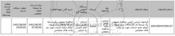 مناقصه، فراخوان ارزیابی کیفی مناقصه عمومی یک مرحله ای 1401/25 تحت عنوان انچام حجم خدمات مورد نیاز واحد های عملیاتی