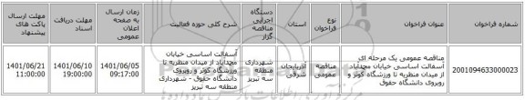 مناقصه، مناقصه عمومی یک مرحله ای آسفالت اساسی خیابان محمدآباد از میدان منظریه تا ورزشگاه کوثر و روبروی دانشگاه حقوق