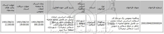 مناقصه، مناقصه عمومی یک مرحله ای آسفالت اساسی خیابان نیایش حد فاصل تقاطع امامیه تا سلیمان خاطر در ضلع شمالی و جنوبی (درب شمالی ترمینال)