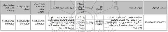 مناقصه، مناقصه عمومی یک مرحله ای تامین ، حمل و تحویل لوله فولادی گالوانیزه سنگین آبده چاه طبق لیست لوله ها ( مندرج در اسناد مناقصه ) به شماره 103-401