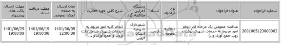 مناقصه، مناقصه عمومی یک مرحله ای انجام امور مربوط به خدمات شهری (رفت و روب،جمع آوری و..)