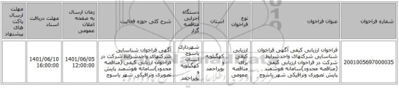 مناقصه، فراخوان ارزیابی کیفی آگهی فراخوان شناسایی شرکتهای واجدشرایط شرکت در فراخوان ارزیابی کیفی (مناقصه محدود)سامانه هوشمند پایش تصویری وترافیکی شهر یاسوج