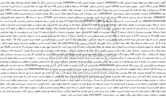 آگهی مزایده  شش دانگ یک قطعه آپارتمان نوع ملک طلق پلاک ثبتی 58625 فرعی از 163 اصلی