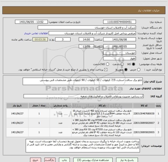 استعلام تابلو برق سافت استارت 7/5 کیلووات / 55 کیلووات / 90 کیلووات طبق مشخصات فنی پیوستی