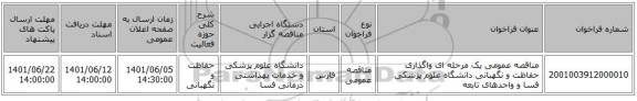 مناقصه، مناقصه عمومی یک مرحله ای واگذاری حفاظت و نگهبانی دانشگاه علوم پزشکی فسا و واحدهای تابعه