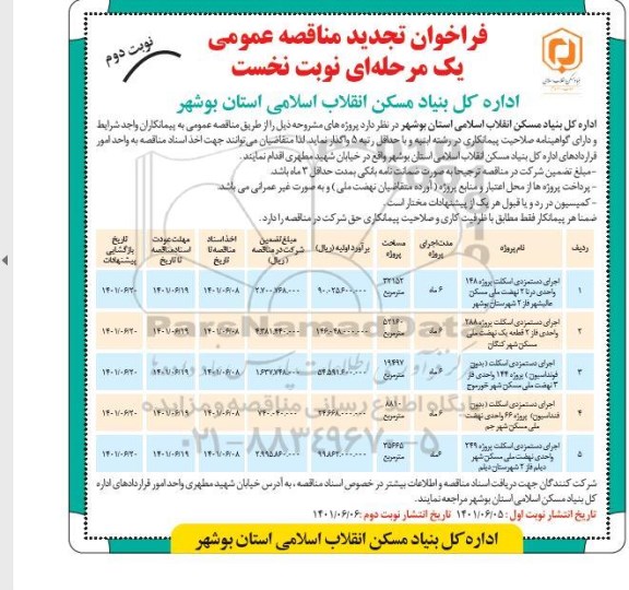 مناقصه اجرای دستمزدی اسکلت پروژه 148 واحدی درنا 2... تجدید نوبت دوم 