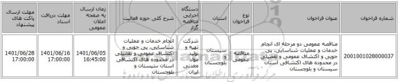 مناقصه، مناقصه عمومی دو مرحله ای انجام خدمات و عملیات شناسایی، پی جویی و اکتشاف عمومی و تفصیلی در محدوده های اکتشافی استان سیستان و بلوچستان