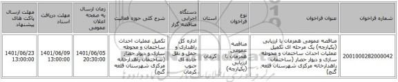 مناقصه، مناقصه عمومی همزمان با ارزیابی (یکپارچه) یک مرحله ای تکمیل عملیات احداث ساختمان و محوطه سازی و دیوار حصار (ساختمان راهدارخانه مرکزی شهرستان قلعه گنج)