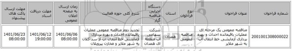 مناقصه، مناقصه عمومی یک مرحله ای عملیات باقیمانده احداث و بهره برداری  آزمایشی خط انتقال آب به شهر ملایر