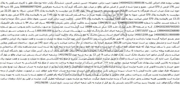 آگهی مزایده ششدانگ یکباب خانه نوع ملک طلق با کاربری مسکونی به پلاک ثبتی 176 فرعی از 570 اصلی