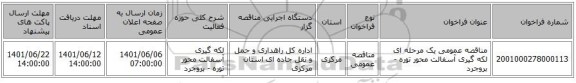 مناقصه، مناقصه عمومی یک مرحله ای لکه گیری آسفالت محور توره - بروجرد