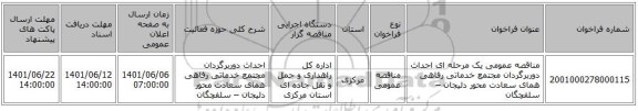 مناقصه، مناقصه عمومی یک مرحله ای احداث دوربرگردان مجتمع خدماتی رفاهی همای سعادت محور دلیجان – سلفچگان