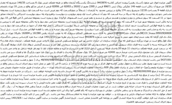 آگهی مزایده ششدانگ یکدستگاه آپارتمان واقع در طبقه همکف غربی بلوک 6 بمساحت 146/35 مترمربع