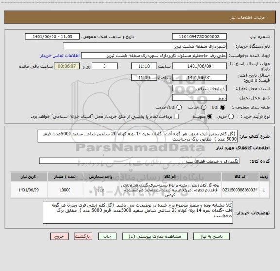 استعلام  (گل کلم زینتی فری وبدون هر گونه آفت -گلدان نمره 14 بوته کوتاه 20 سانتی شامل سفید 5000عدد، قرمز 5000 عدد )  مطابق برگ درخواست