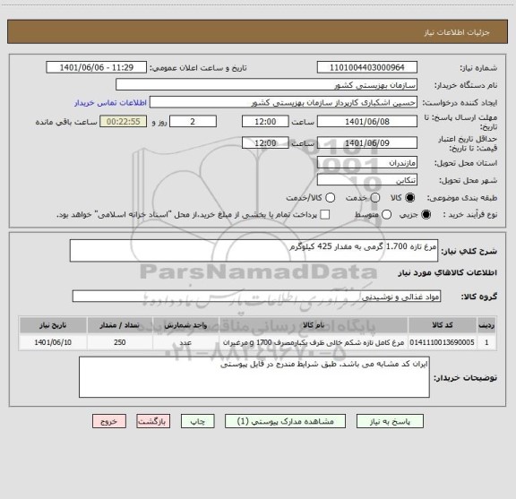 استعلام مرغ تازه 1.700 گرمی به مقدار 425 کیلوگرم