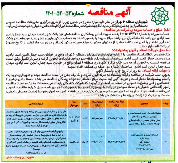 مناقصه عملیات احداث تهیه نصب تعمیر و نگهداری سرپناه ایستگاههای حمل و نقل....