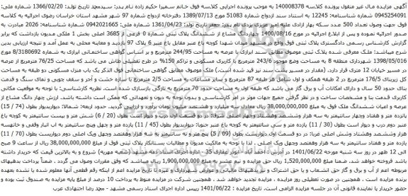 آگهی مزایده یک باب منزل مسکونی دو طبقه به مساحت کل زیربنای 176/5 مترمربع 