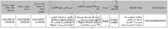 مناقصه، مناقصه عمومی یک مرحله ای تکمیل مدرسه ۳ کلاسه خیرآباد (خرخپ) شازند