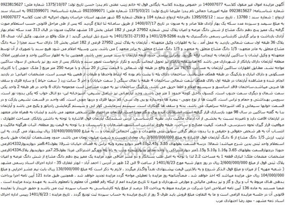 آگهی مزایده نج دهم دانگ مشاع از شش دانگ عرصه و اعیان پلاک ثبتی شماره 27952 فرعی از 182 اصلی