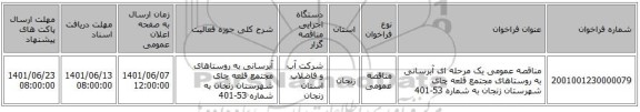 مناقصه، مناقصه عمومی یک مرحله ای آبرسانی به روستاهای مجتمع قلعه چای شهرستان زنجان به شماره 53-401