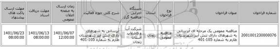 مناقصه، مناقصه عمومی یک مرحله ای آبرسانی به شهرهای دارای تنش آببر شهرستان طارم به شماره 105-401