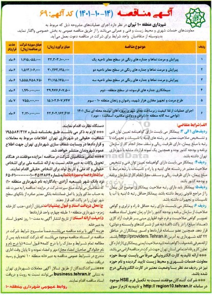 مناقصه پیرایش و مرمت نماها و جداره های رنگی سطح معابر ناحیه 1 و 2و 3 و...