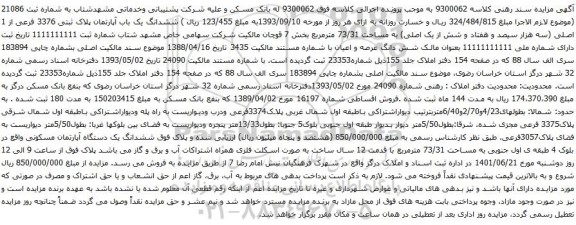 آگهی مزایده ششدانگ یک باب آپارتمان پلاک ثبتی 3376 فرعی از 1 اصلی