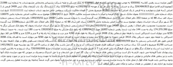 آگهی مزایده ششدانگ یک باب آپارتمان پلاک ثبتی 3409 فرعی از 1 اصلی