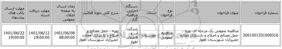 مناقصه، مناقصه عمومی یک مرحله ای تهیه ، حمل مصالح و اصلاح و بازسازی مخازن حصیرآباد شهرستان اهواز