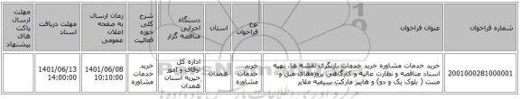 مناقصه، خرید خدمات مشاوره خرید خدمات بازنگری نقشه ها، تهیه اسناد مناقصه و نظارت عالیه و کارگاهی پروژه‌های مبل و منبت ( بلوک یک و دو) و هایپر مارکت سیفیه ملایر