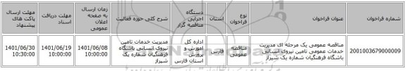 مناقصه، مناقصه عمومی یک مرحله ای مدیریت خدمات عمومی تامین نیروی انسانی باشگاه فرهنگیان شماره یک شیراز