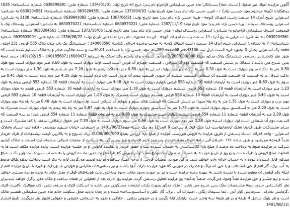 آگهی مزایده  آپارتمان قطعه 10 شماره 553 فرعی پنجم به طول 1.23 متر