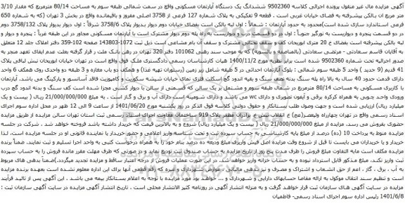 آگهی مزایده ششدانگ یک دستگاه آپارتمان مسکونی واقع در سمت شمالی طبقه سوم به مساحت 80/14 مترمربع