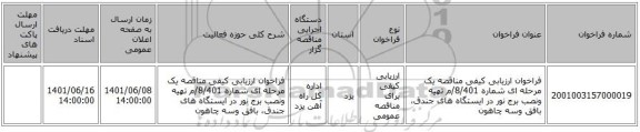 مناقصه، فراخوان ارزیابی کیفی مناقصه  یک مرحله ای شماره 8/401/م تهیه ونصب برج نور در ایستگاه های جندق، بافق وسه چاهون