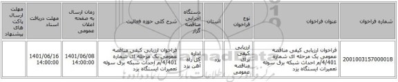 مناقصه، فراخوان ارزیابی کیفی مناقصه عمومی یک مرحله ای شماره 4/401/م احداث شبکه برق سوله تعمیرات  ایستگاه یزد