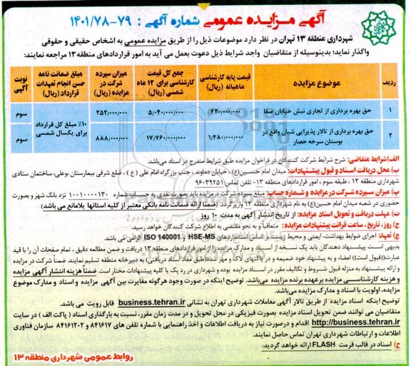 مزایده حق بهره برداری از تجاری ...