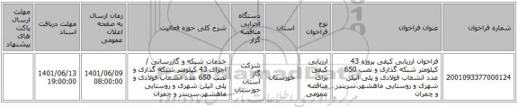 مناقصه، فراخوان ارزیابی کیفی پروژه 43 کیلومتر شبکه گذاری و نصب 650 عدد انشعاب فولادی و پلی اتیلن شهری و روستایی ماهشهر،سربندر و چمران