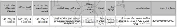 مناقصه، مناقصه عمومی یک مرحله ای خدمات تهیه و طبخ و توزیع غذای دانشگاه شهرکرد