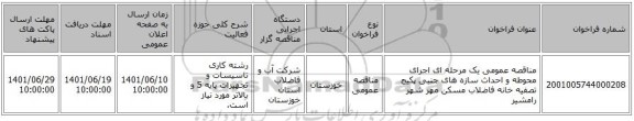 مناقصه، مناقصه عمومی یک مرحله ای اجرای محوطه و احداث سازه های جنبی پکیج تصفیه خانه فاضلاب مسکن مهر شهر رامشیر